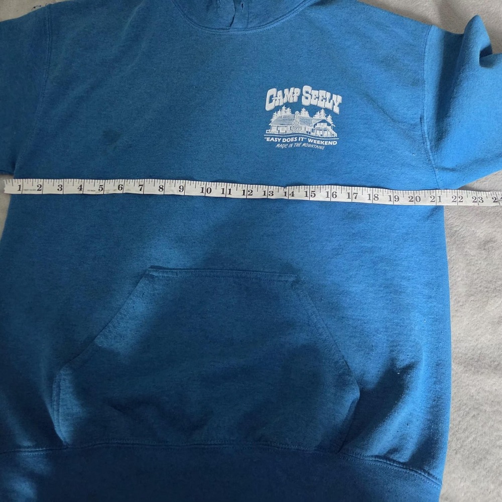 Gildan Hoodie Mens Medium Blue Camp Seely Graphic Fleece Pullover Sweatshirt - Picture 10 of 14